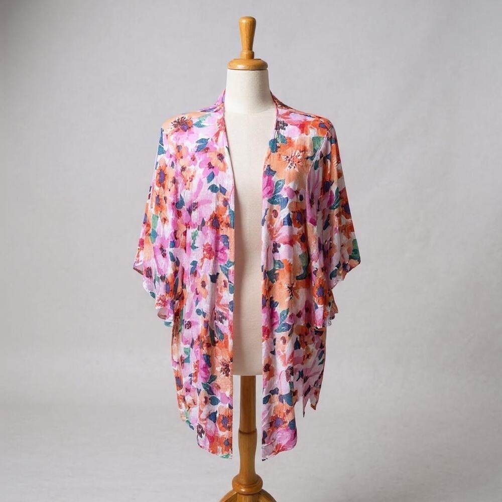 The Impeccable Pig Floral Kimono Sz M Watercolor Pink Orange Boho Beach Cover Up